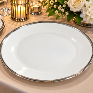 Ceramic Shallow Dish - Silver Rim 10 Inch